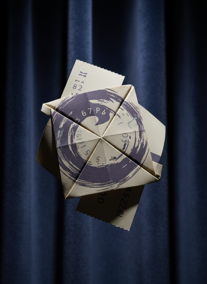 An artfully folded theatre ticket made of textured, heavy matte paper, with surreal patterns—such as abstract swirls and subtly misplaced numbers—printed in muted eggplant and slate blue tones. The ticket is displayed against a backdrop of softly gradient velvet curtains, their folds and fibers captured in exquisite photorealistic detail. Gentle, diffused spotlighting washes the scene, casting delicate shadows and faint highlights on the embossed ticket edges. The composition is centered in frame with a shallow depth of field, keeping the ticket crisply in focus as the background softly blurs. The overall mood is sophisticated yet playfully absurd, aligning with high-art sensibilities and a minimalist, photographic aesthetic that speaks to the eccentric spirit of a refined theatre company website.