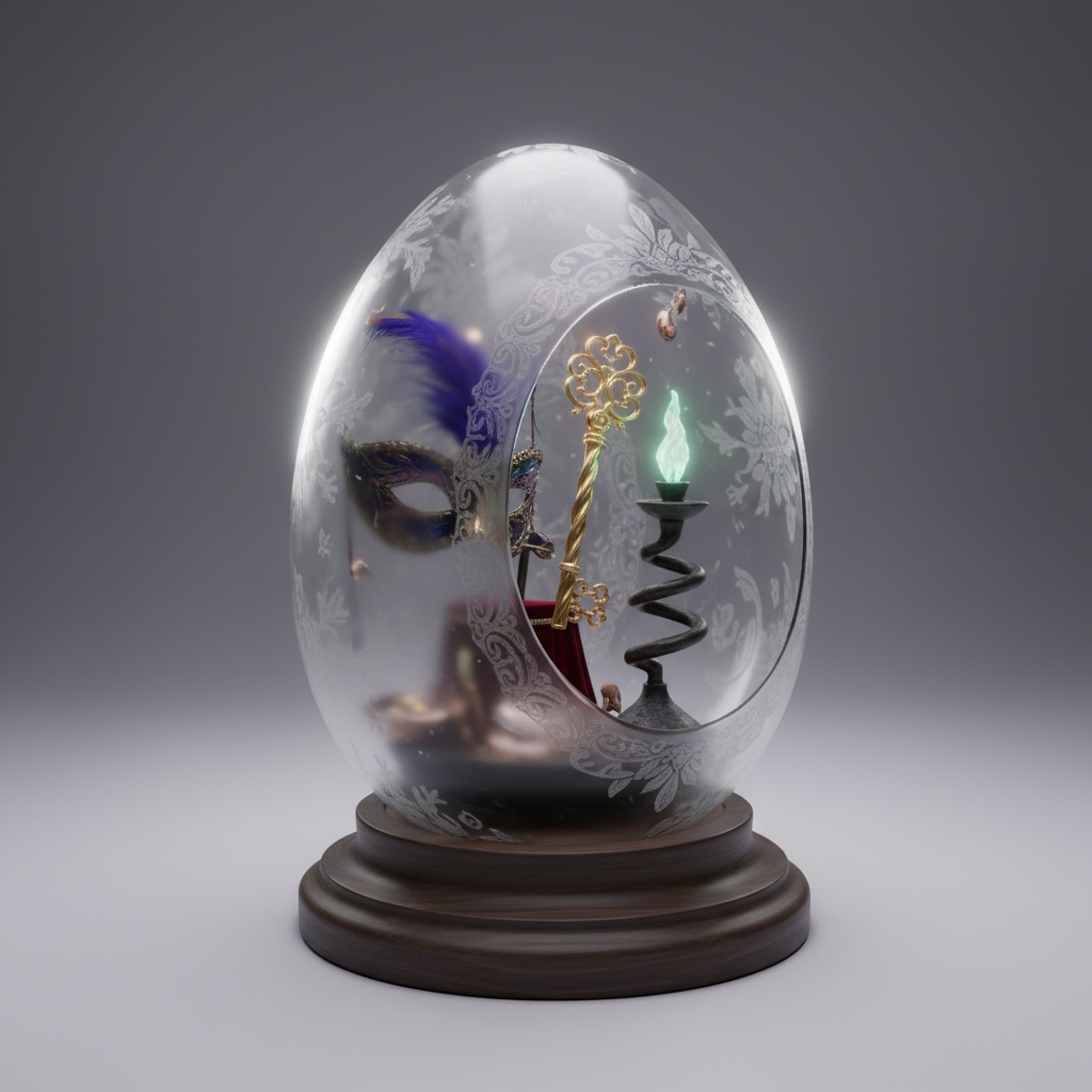 An ornate, egg-shaped glass display case containing a collection of miniature theatre props—such as a feathered mask, a golden key, and a surreal, twisted candlestick—all arranged with precise, artistic care. The glass surface is frosted with a subtle gradient, diffusing the view just enough to hint at the shapes within. The display rests on a sleek, ash-wood plinth against a backdrop that fades from heather gray to pale lilac. Soft, cool gallery lighting creates gentle reflections and glowing highlights on the glass, enhancing the sense of presentation. The scene is shot from an elevated side angle, with the case off-center for asymmetrical balance. The mood is mysterious, refined, and subtly whimsical, firmly grounded in photorealistic minimalism and reflecting the sophisticated absurdity of Weird Ticket.