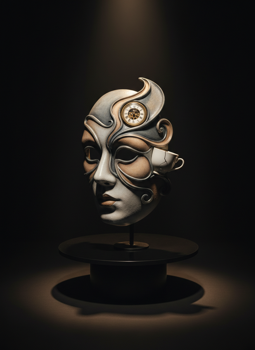 A polished black stage pedestal supports an intricate papier-mâché mask, constructed with refined detail and painted in a subdued palette of gray-blues and taupe. Small, unexpected embellishments, like a tiny porcelain teacup or a clock face, are subtly integrated into the mask’s design. The backdrop falls away into gentle darkness, with a soft, focused pool of light illuminating the pedestal and casting long refined shadows. The perspective is eye-level, with the mask slightly angled, capturing nuanced details and surface textures. The overall composition is minimalist and elegantly composed, evoking a mood of enigmatic sophistication and gently surreal artistry perfect for a high-concept theatre company.