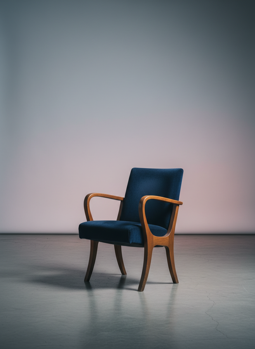 A vintage wooden theatre seat with deep navy velvet upholstery, its refined, curved armrests feathered with a slightly polished finish, sits alone on a smooth, concrete floor. The environment is sparse, with a backdrop of a softly muting gradient wall that transitions from ash grey to mauve. Cool, soft studio lighting highlights the textures in the fabric and wood grain, casting subtle, elegant shadows. The shot is composed at a three-quarter angle, subtly off-center in the frame to add visual intrigue, using a moderate depth of field to separate the chair from the serene yet enigmatic background. The atmosphere conveys quiet anticipation and an elevated sense of artful absurdity, presented in sharp, minimalist photographic realism.