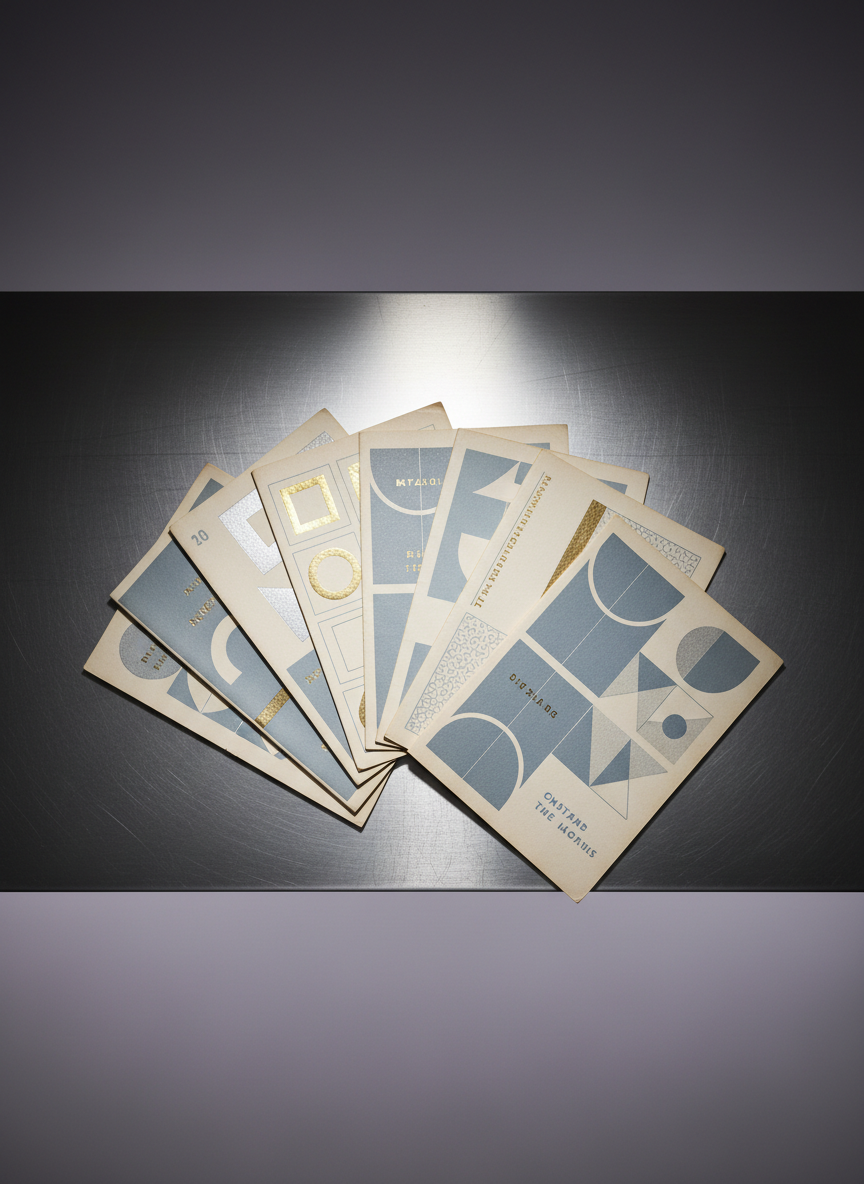 A set of vintage theatre programs, their cream and dust-blue covers adorned with minimalist geometric shapes and delicate metallic foiling, are fanned out atop a brushed steel table. The backdrop is an obscured, gradient expanse of charcoal and lavender, creating a subtle visual anchor while keeping attention on the programs. Soft, ambient lighting from above produces gentle, shimmering highlights on the foiling and faint reflections on the table. Shot from a top-down angle with sharp focus across the arrangement, the image communicates a sense of cultivated nostalgia and playful elegance, presented in a photographic minimalist style that suits a sophisticated, art-leaning theatre website.